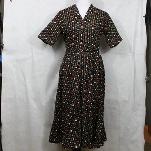 Vintage 50's Susan Ross Black Cotton Road Sign Midi Dress w/ Belt SZ S EUC